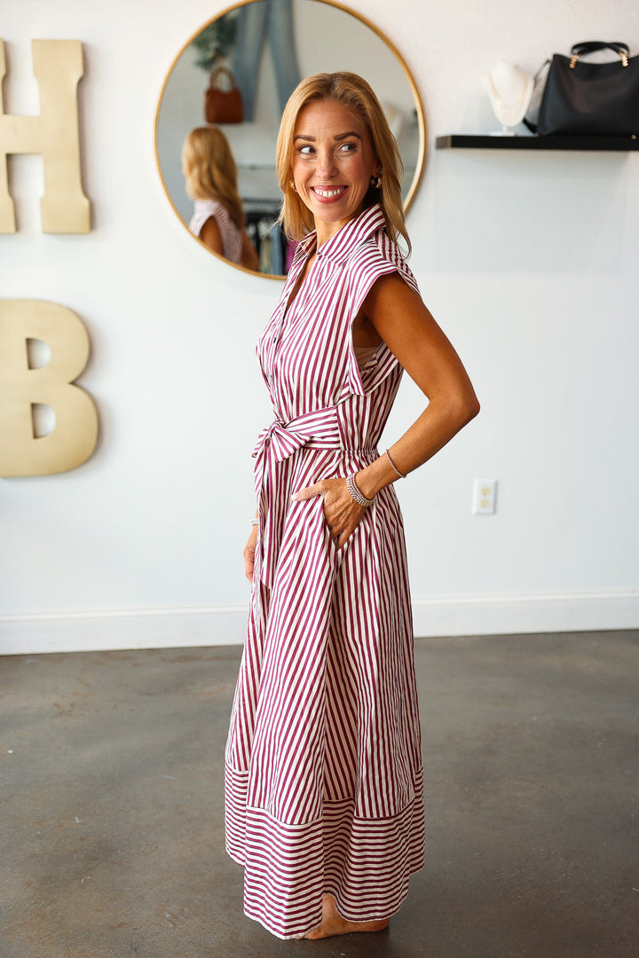 Front Tie Striped Dress - Burgundy