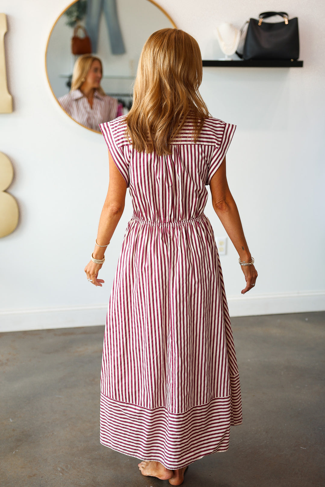Front Tie Striped Dress - Burgundy