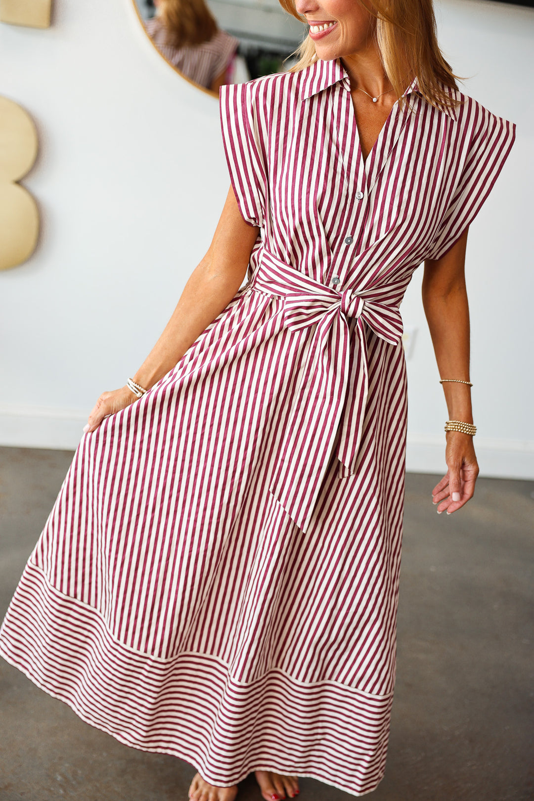 Front Tie Striped Dress - Burgundy