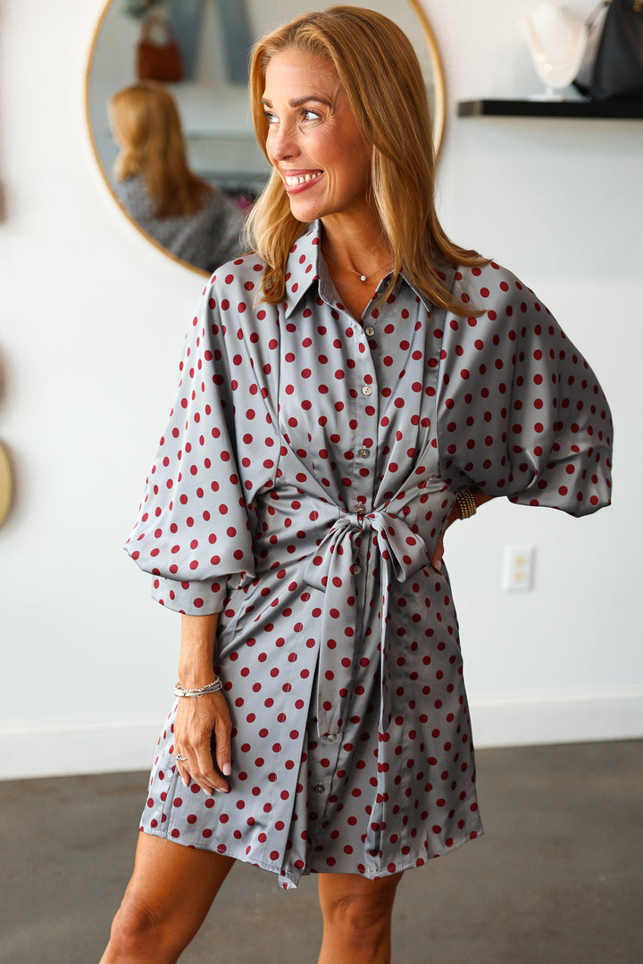 Polka Dot Tie Front Dress - Gray/Red