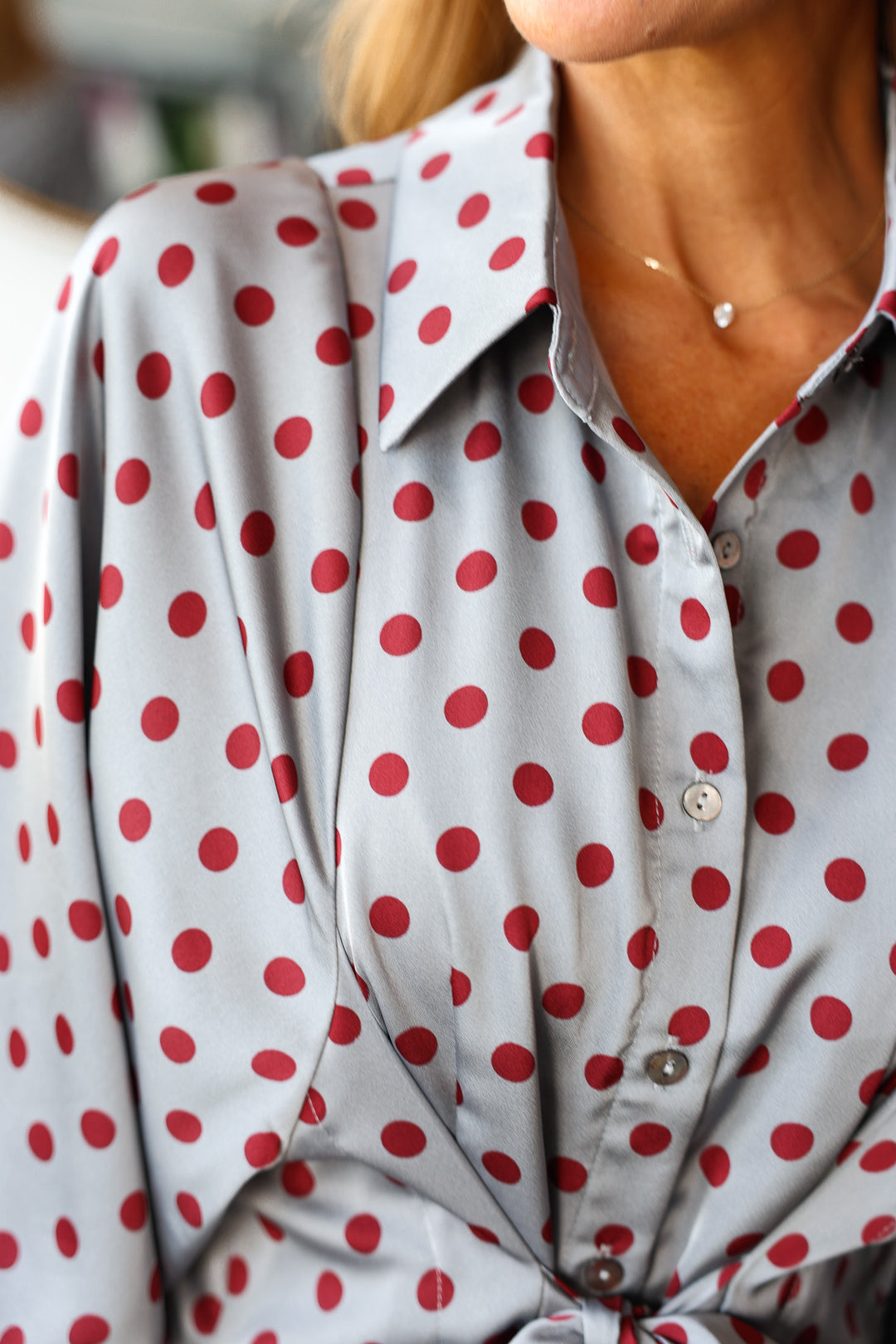 Polka Dot Tie Front Dress - Gray/Red