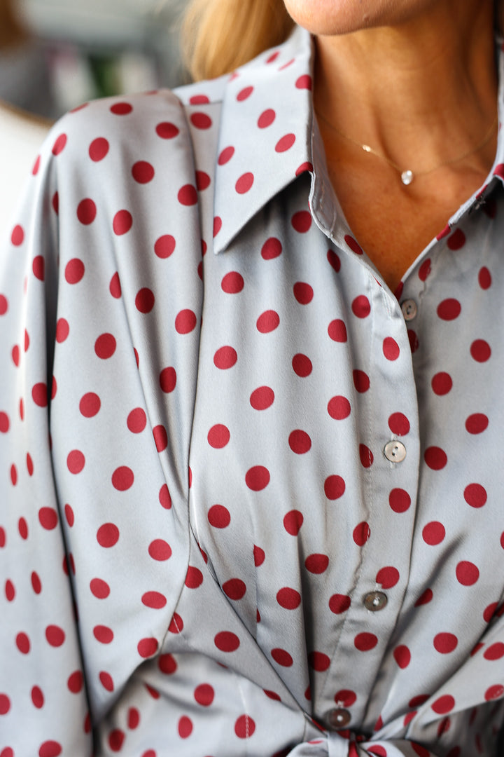 Polka Dot Tie Front Dress - Gray/Red