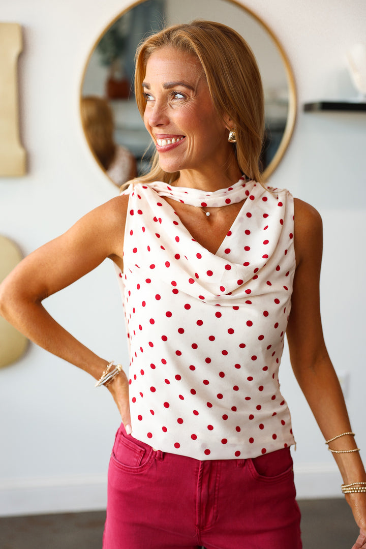 Satin Polka Dot Top - Cream/Red
