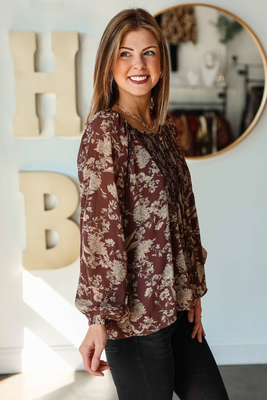 Tie Front Printed Top - Brown