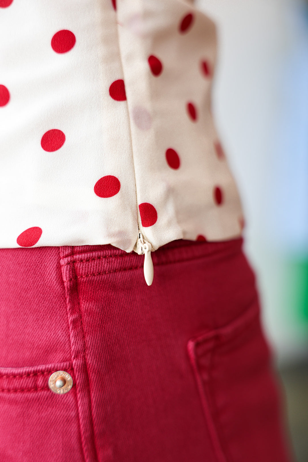 Satin Polka Dot Top - Cream/Red