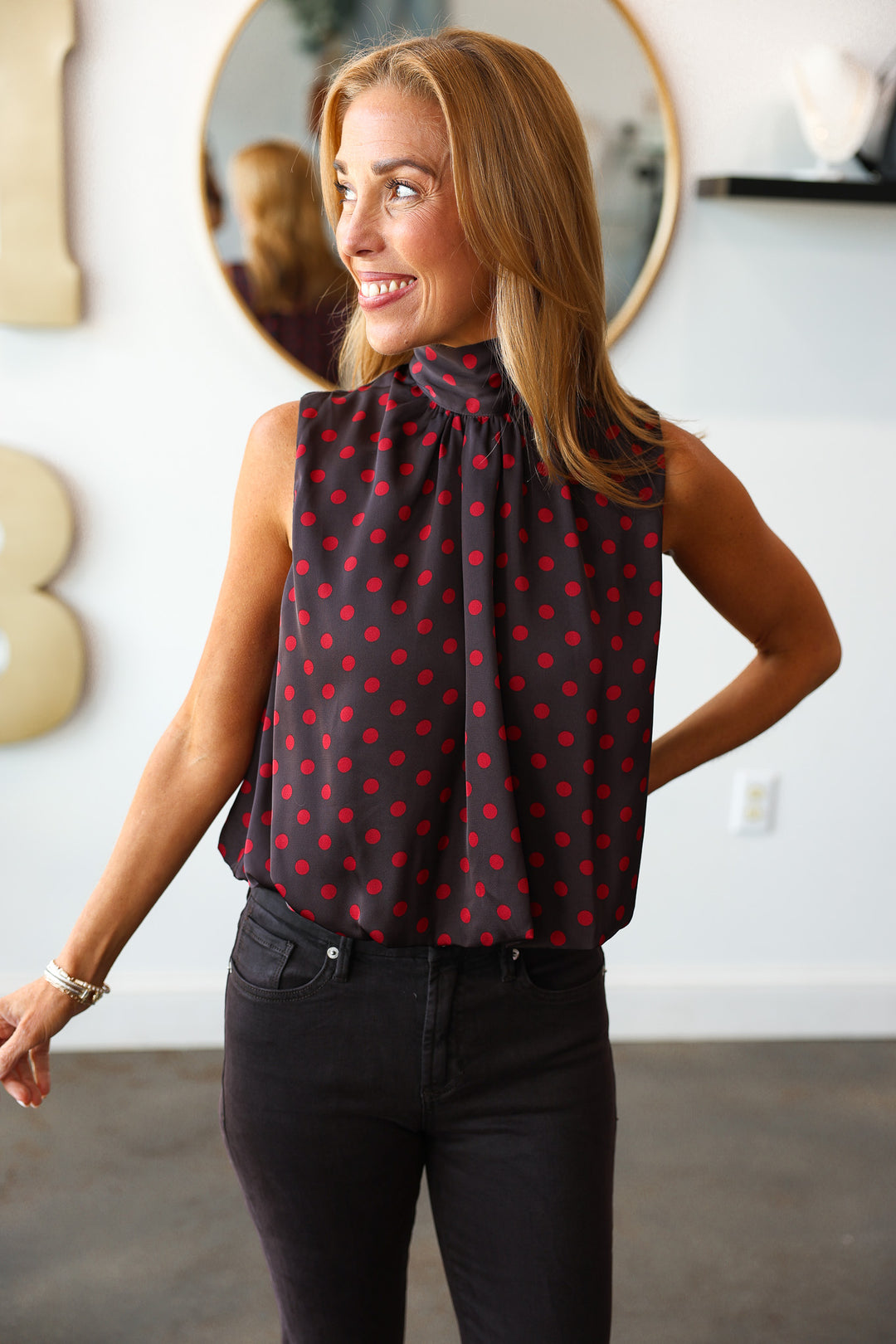 Bubble Hem Polka Dot Top - Brown/Red