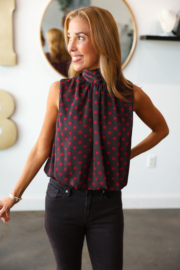 Bubble Hem Polka Dot Top - Brown/Red