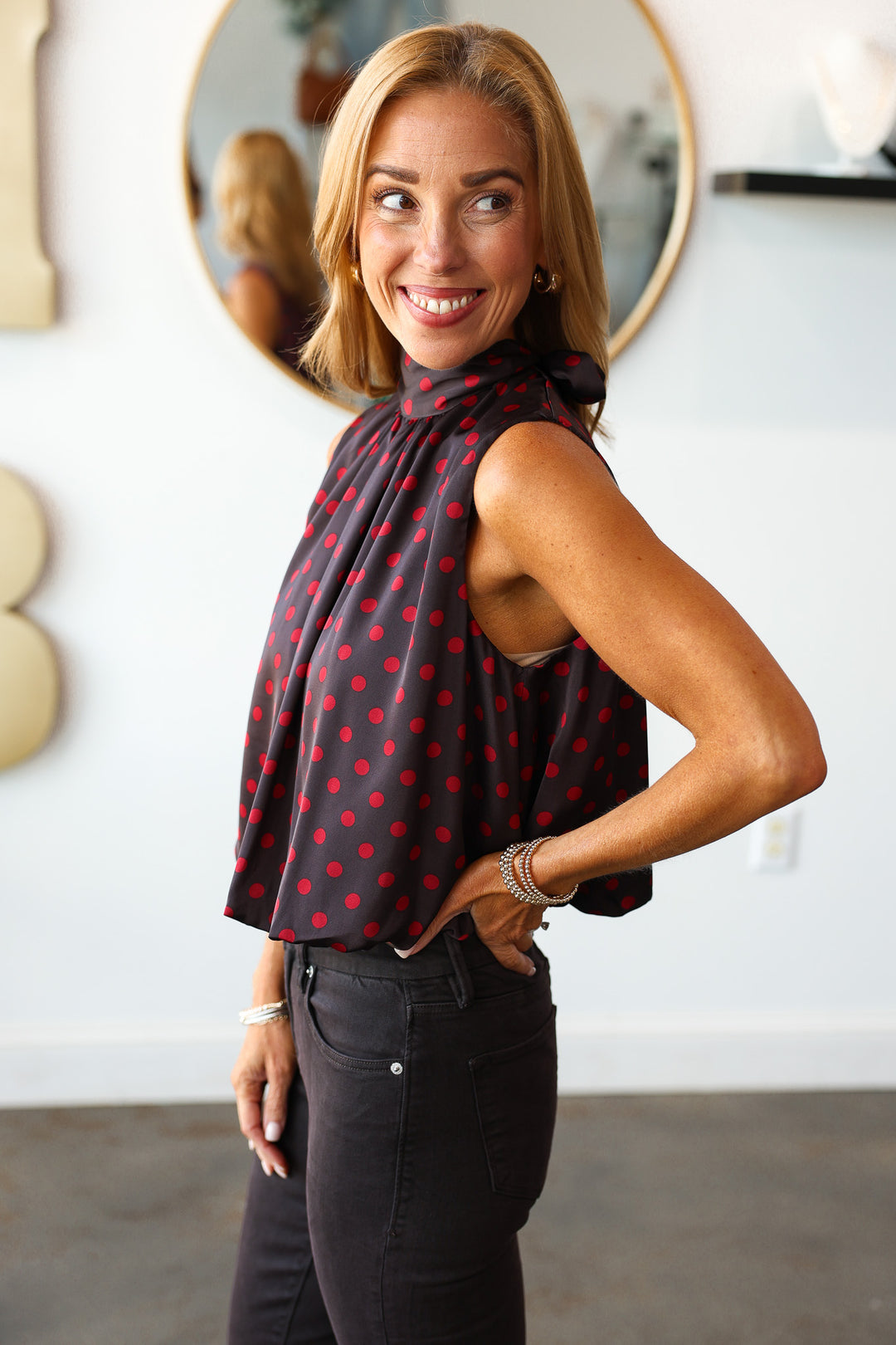 Bubble Hem Polka Dot Top - Brown/Red