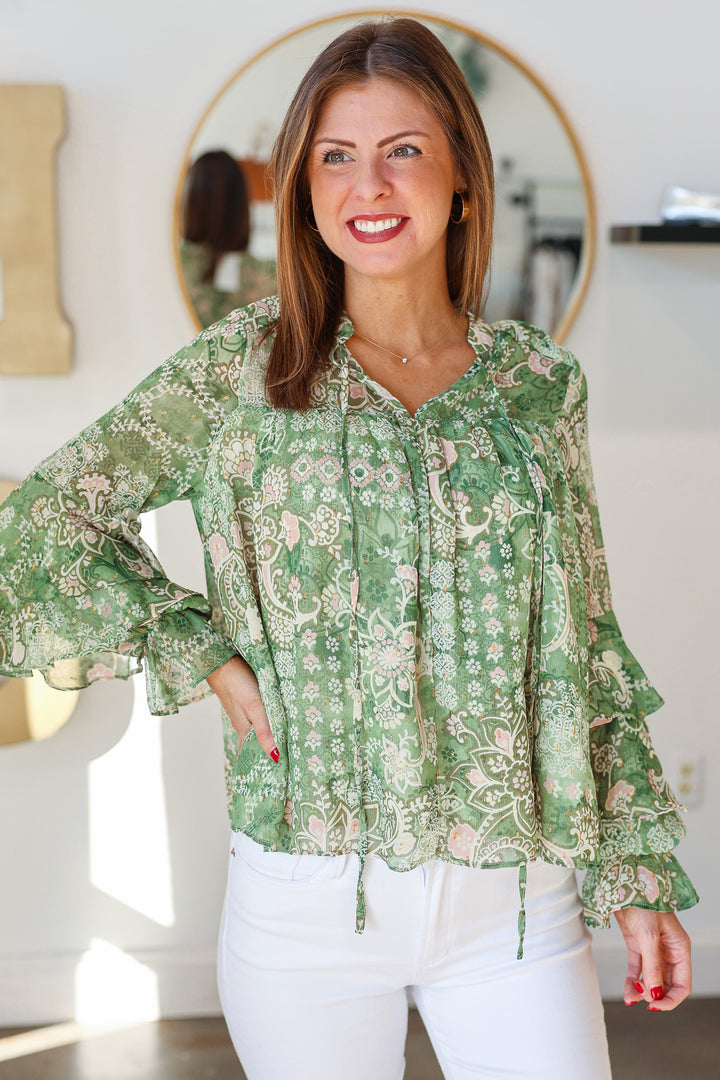 Tiered Sleeve Printed Top - Green