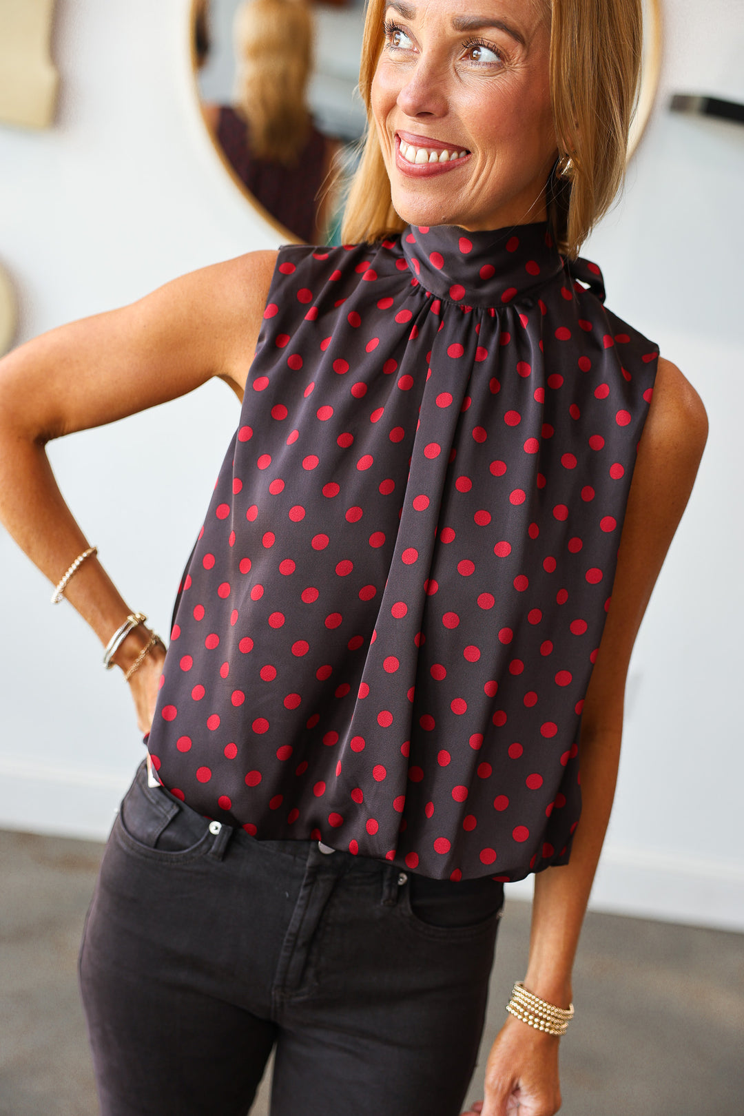 Bubble Hem Polka Dot Top - Brown/Red