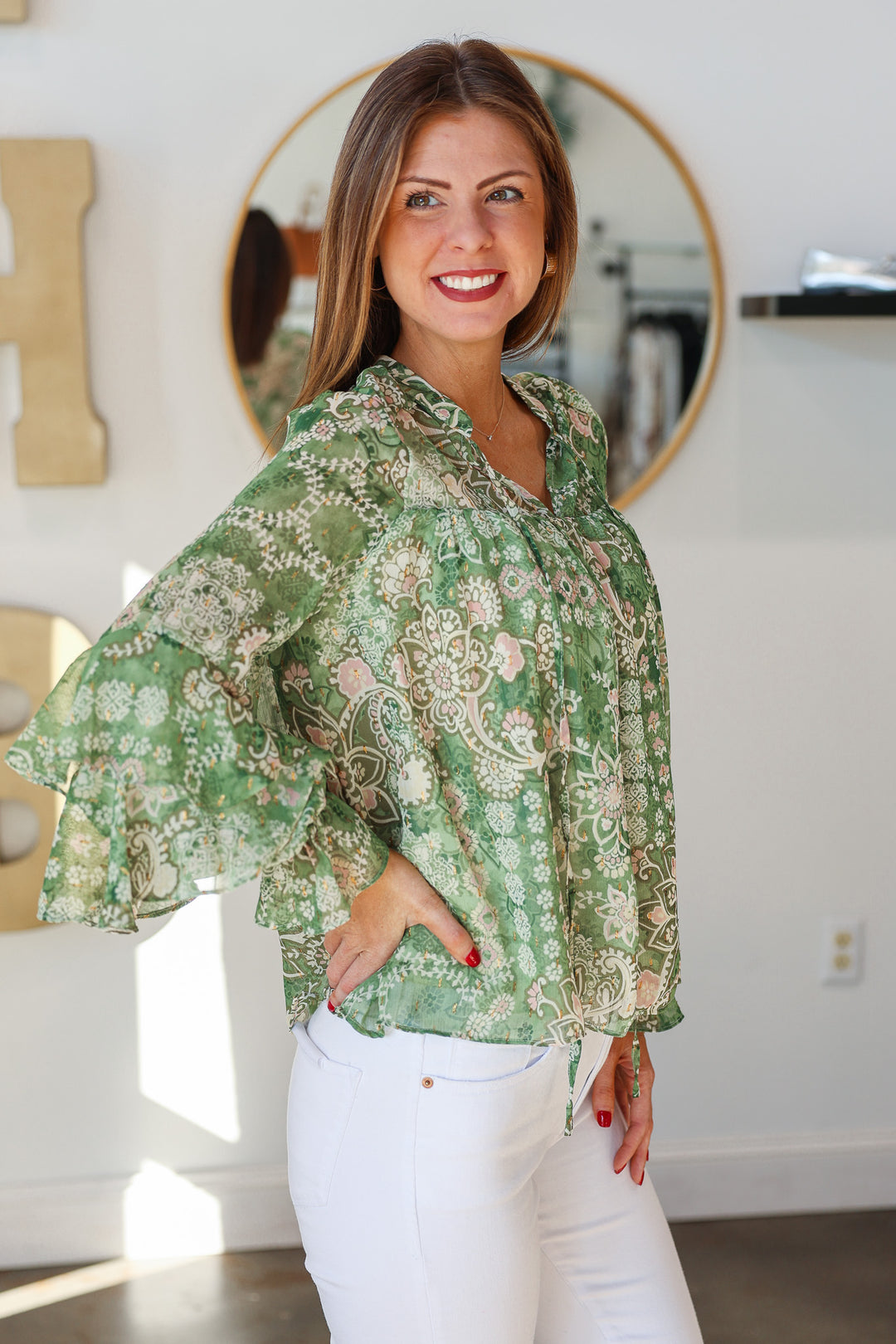 Tiered Sleeve Printed Top - Green