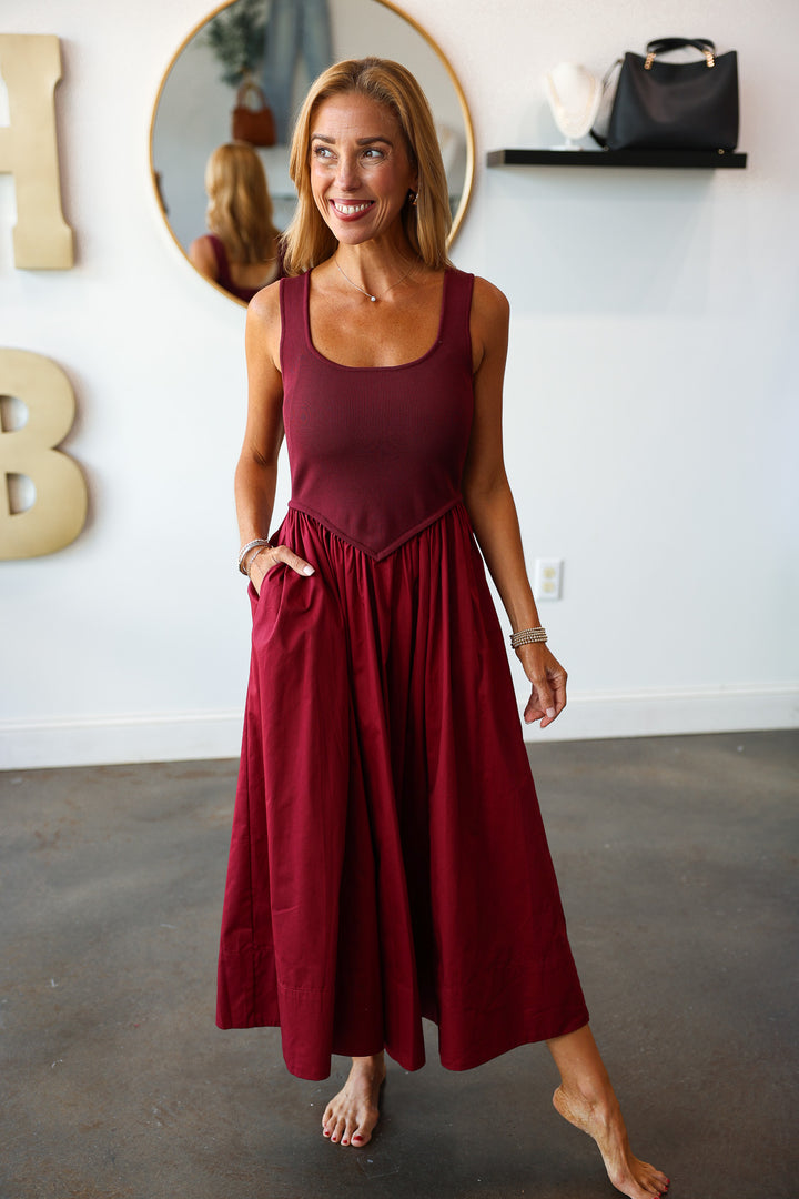 Mixed Media Midi Dress - Wine