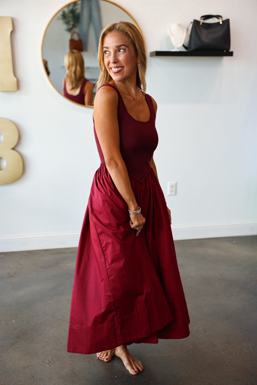 Mixed Media Midi Dress - Wine