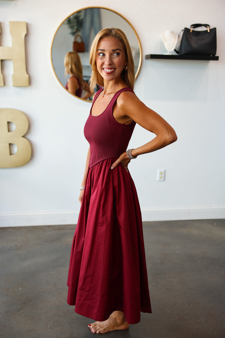Mixed Media Midi Dress - Wine