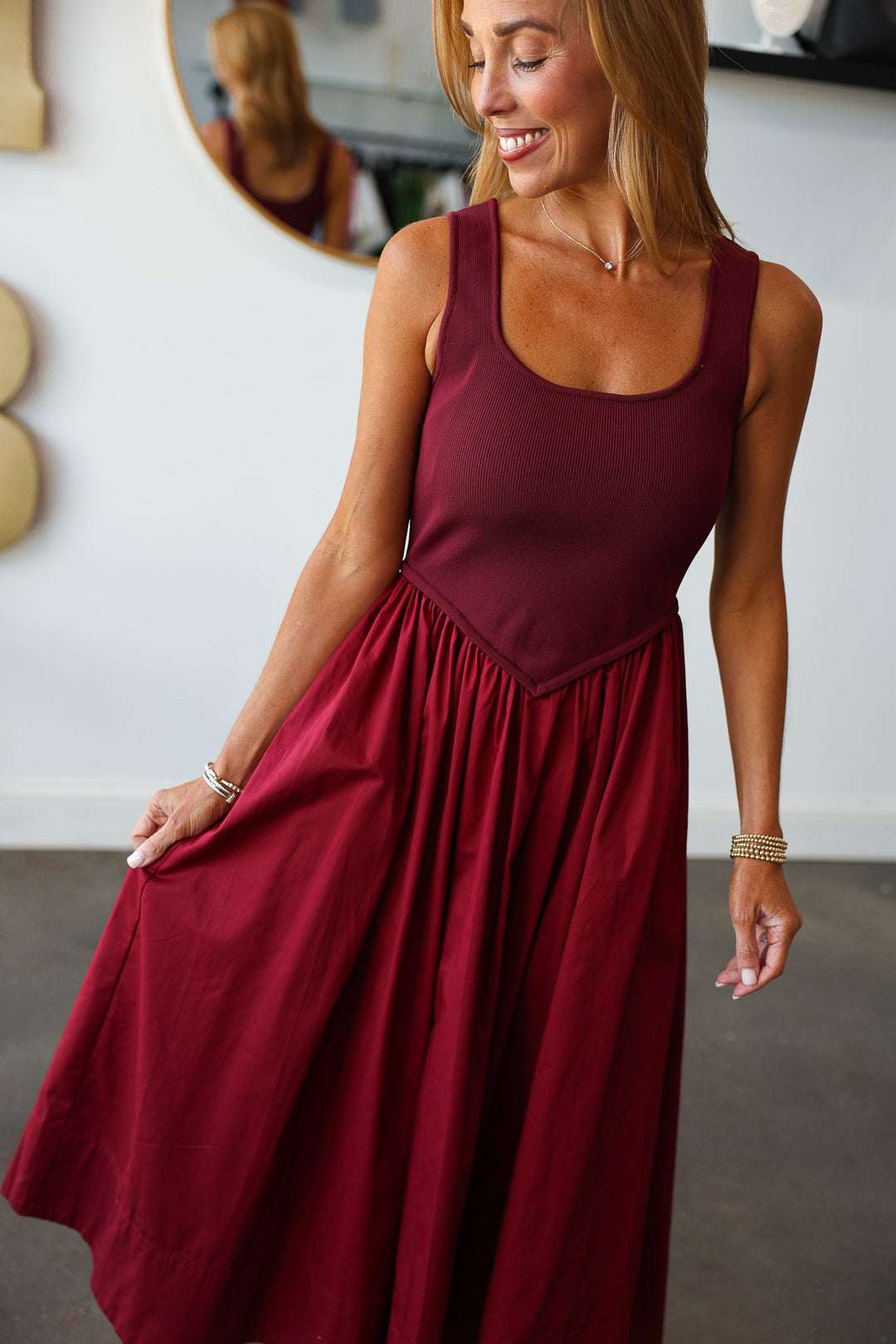 Mixed Media Midi Dress - Wine