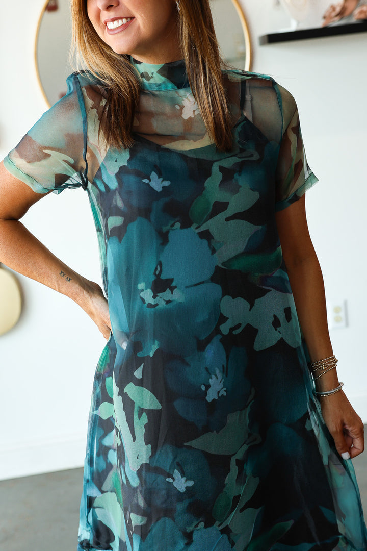 Organza Overlay Maxi Dress - Green