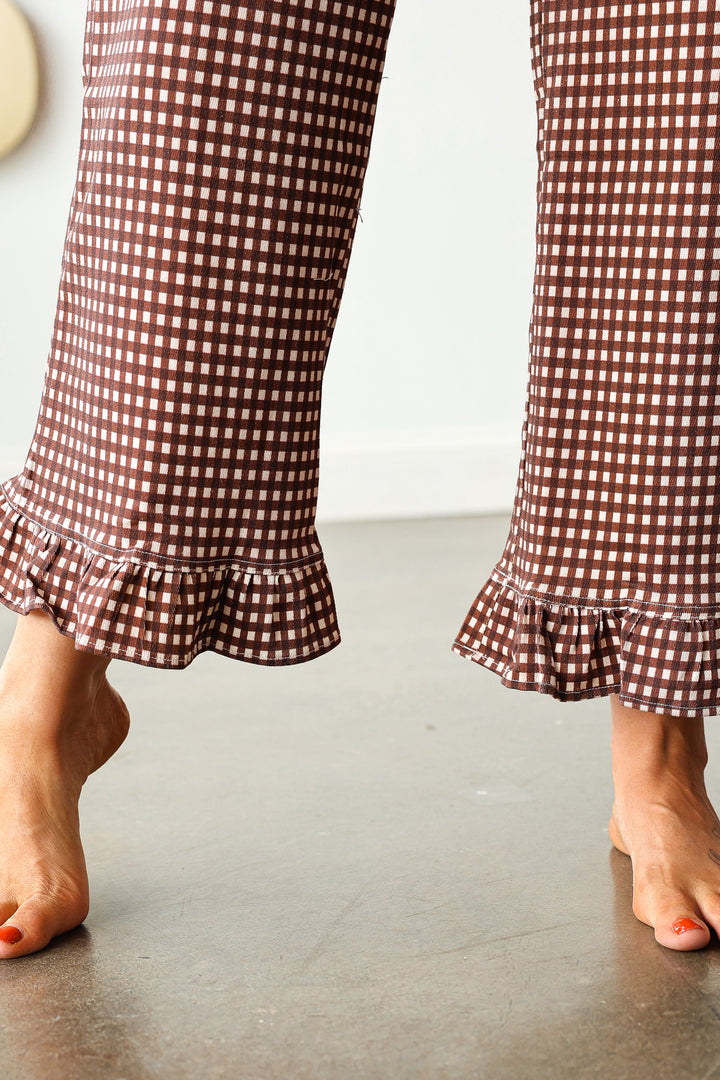 Ruffle Hem Gingham Pants - Brown