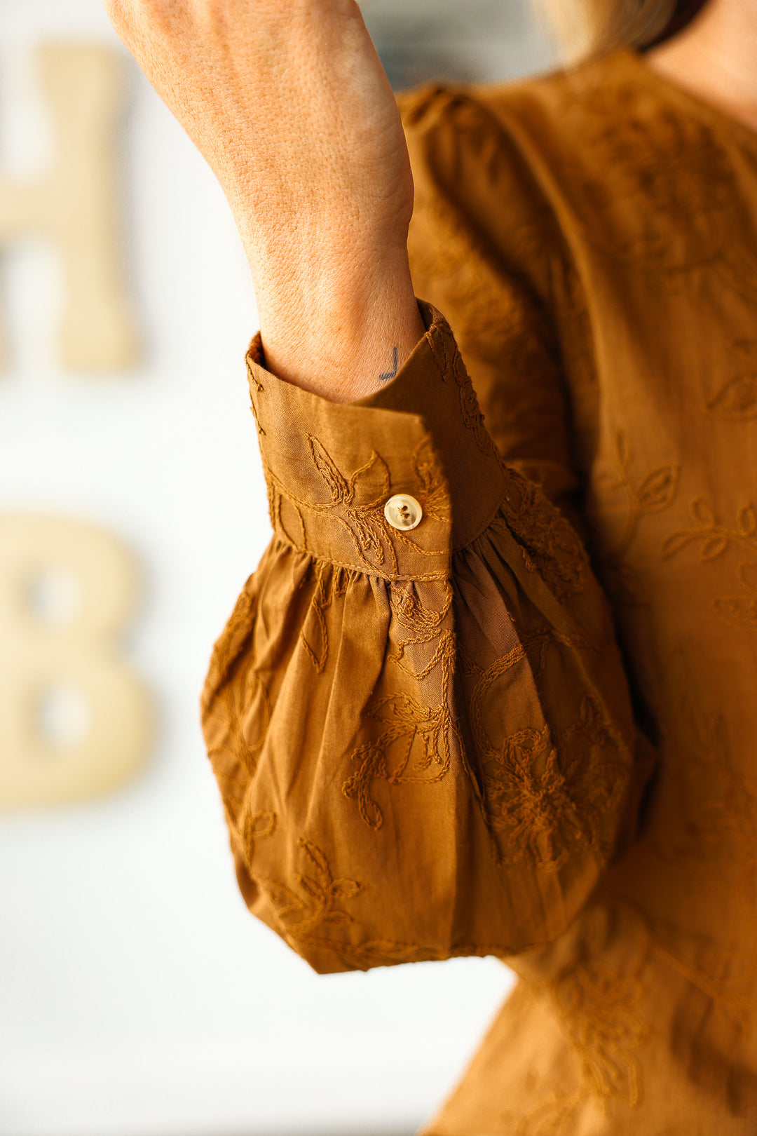 Embroidered Button Front Top - Brown