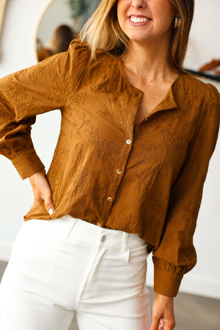Embroidered Button Front Top - Brown