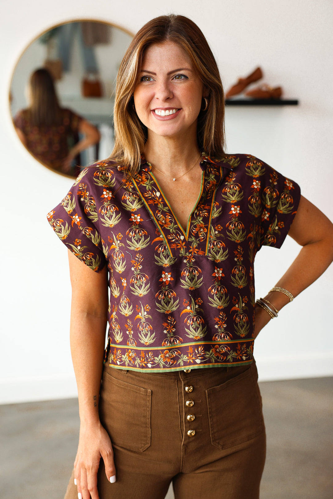Printed V Neck Top - Eggplant