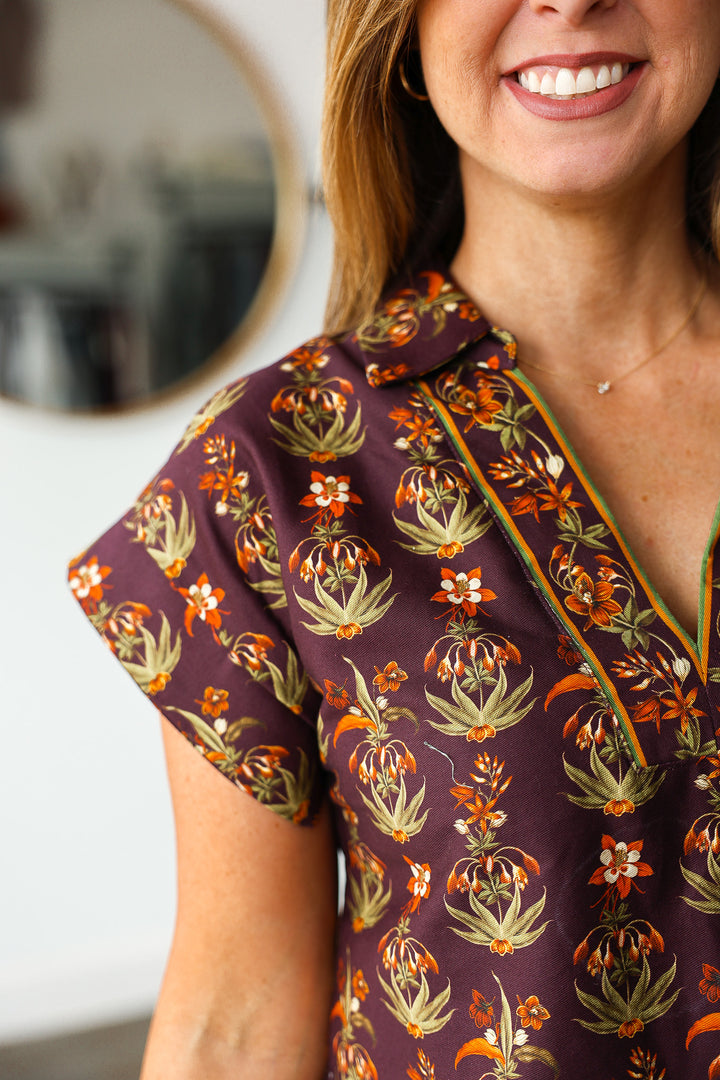 Printed V Neck Top - Eggplant