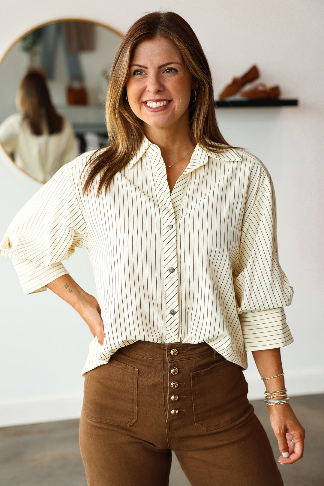Button Front Striped Top - Ecru