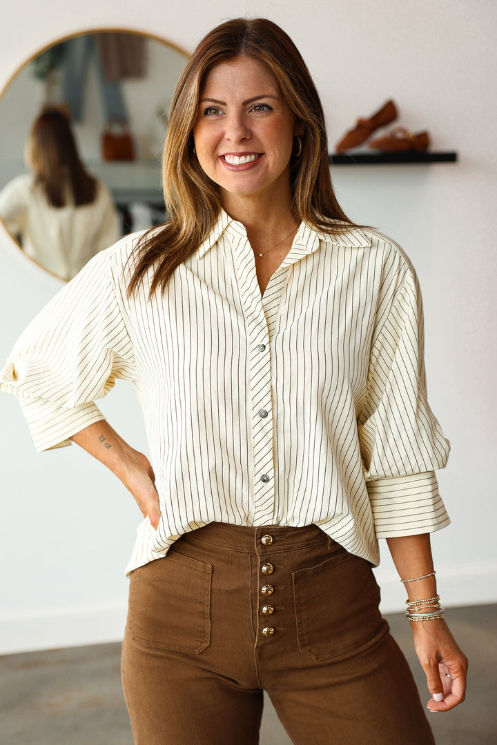 Button Front Striped Top - Ecru