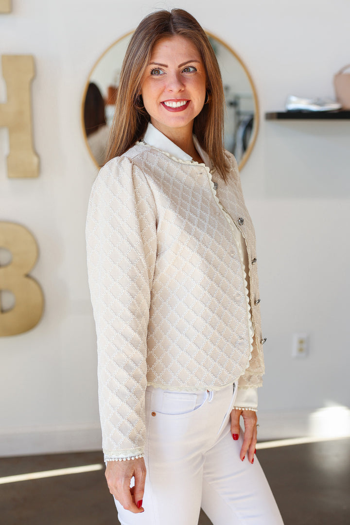 Textured Button Front Jacket - Cream/Ivory