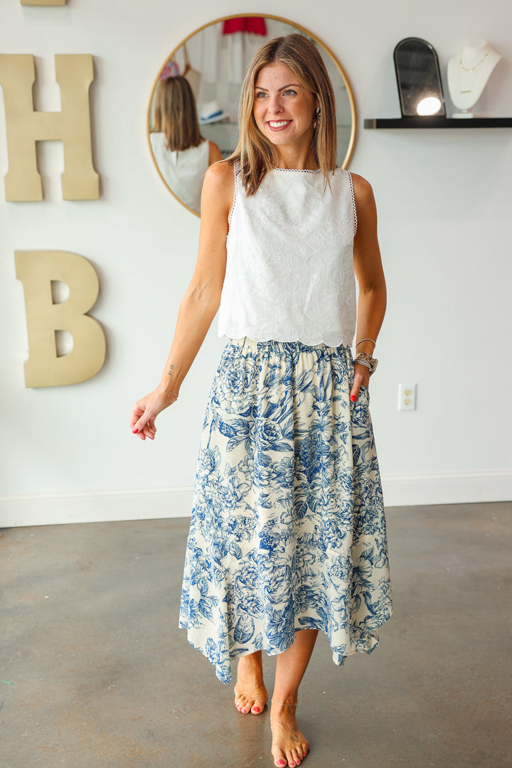 Handkerchief Hem Midi Skirt - Blue Floral