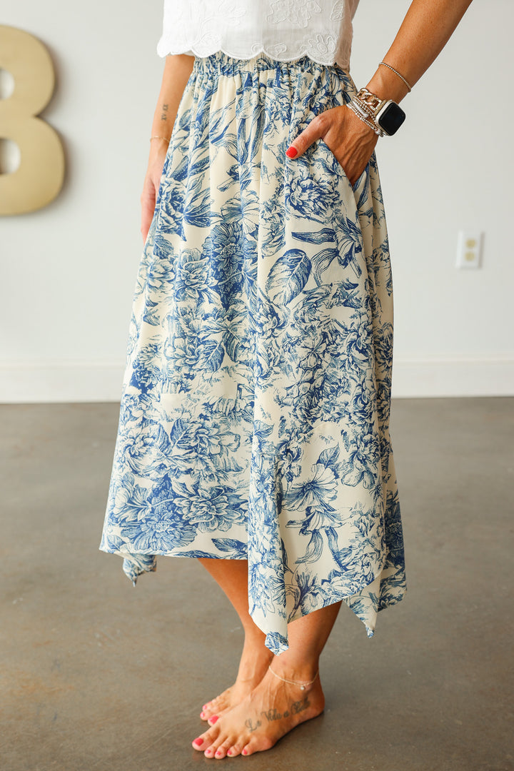 Handkerchief Hem Midi Skirt - Blue Floral