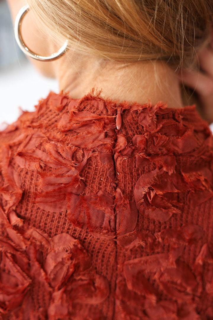 Flower Applique Midi Dress - Rust
