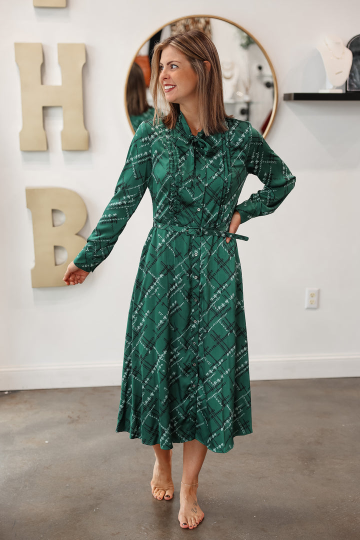 Tie Neck Midi Dress - Green