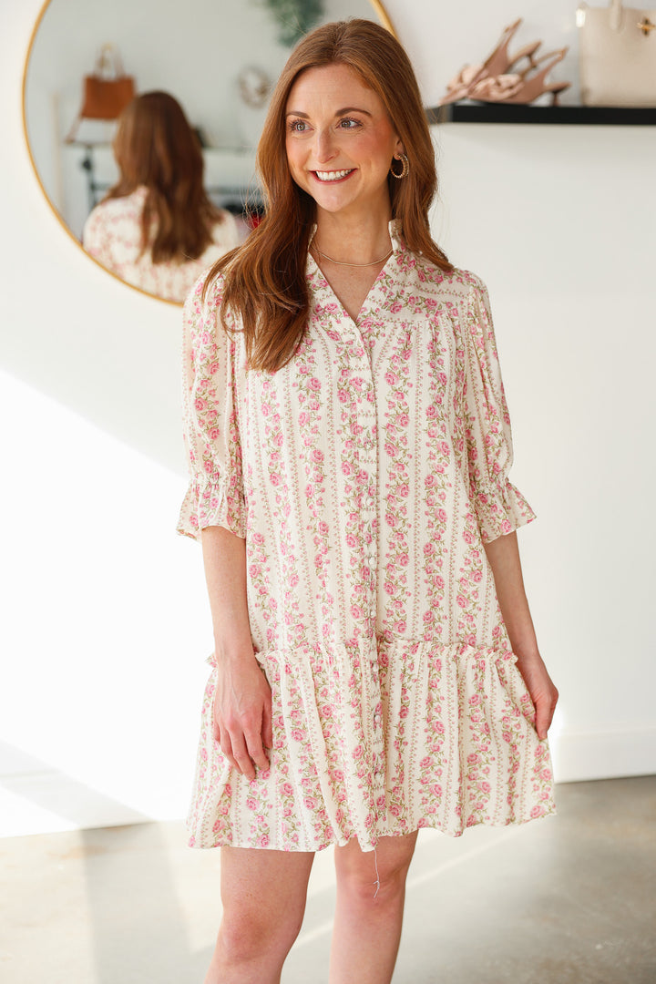 Floral Print Mini Dress - Cream