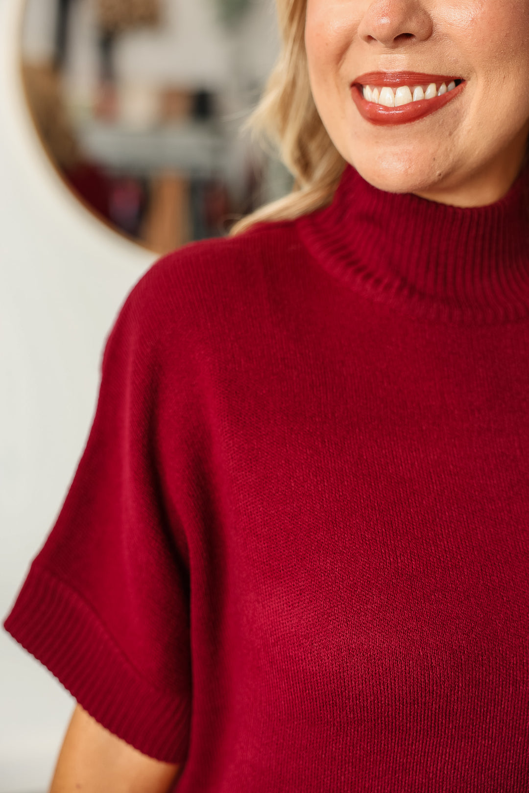 Short Sleeve Sweater Dress - Burgundy