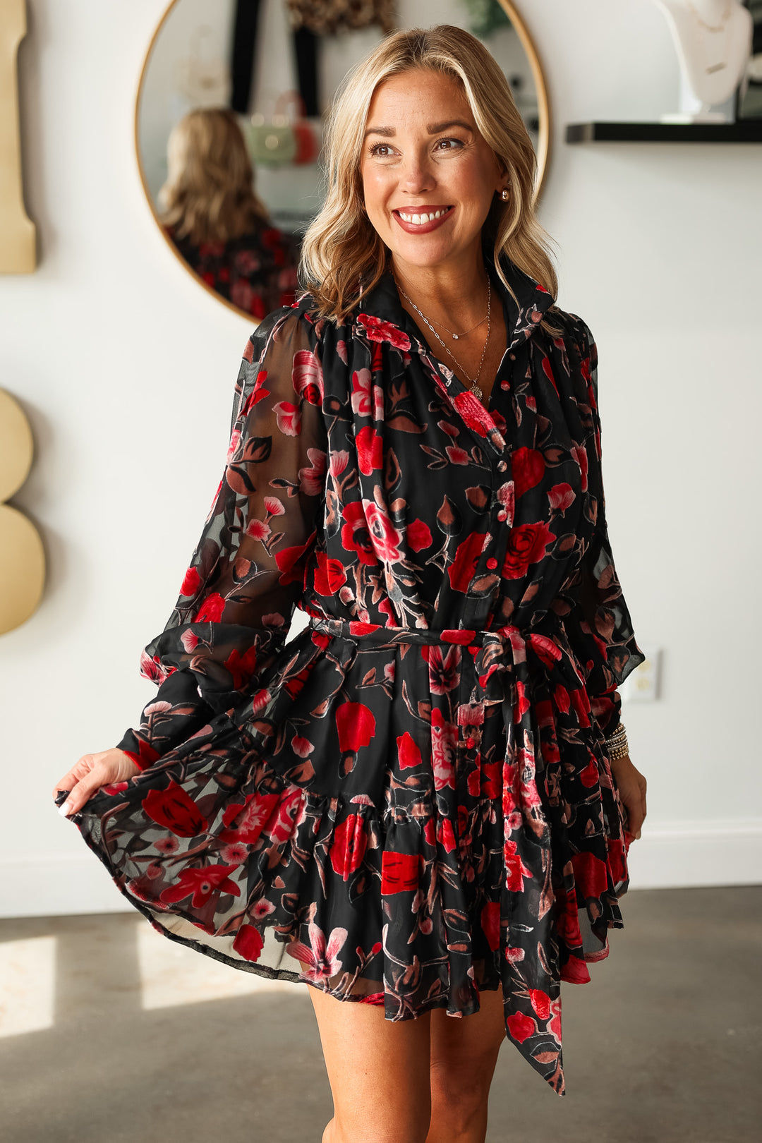 Floral Burnout Velvet Dress - Black/Red