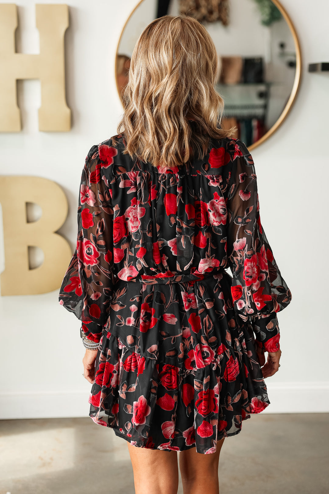 Floral Burnout Velvet Dress - Black/Red