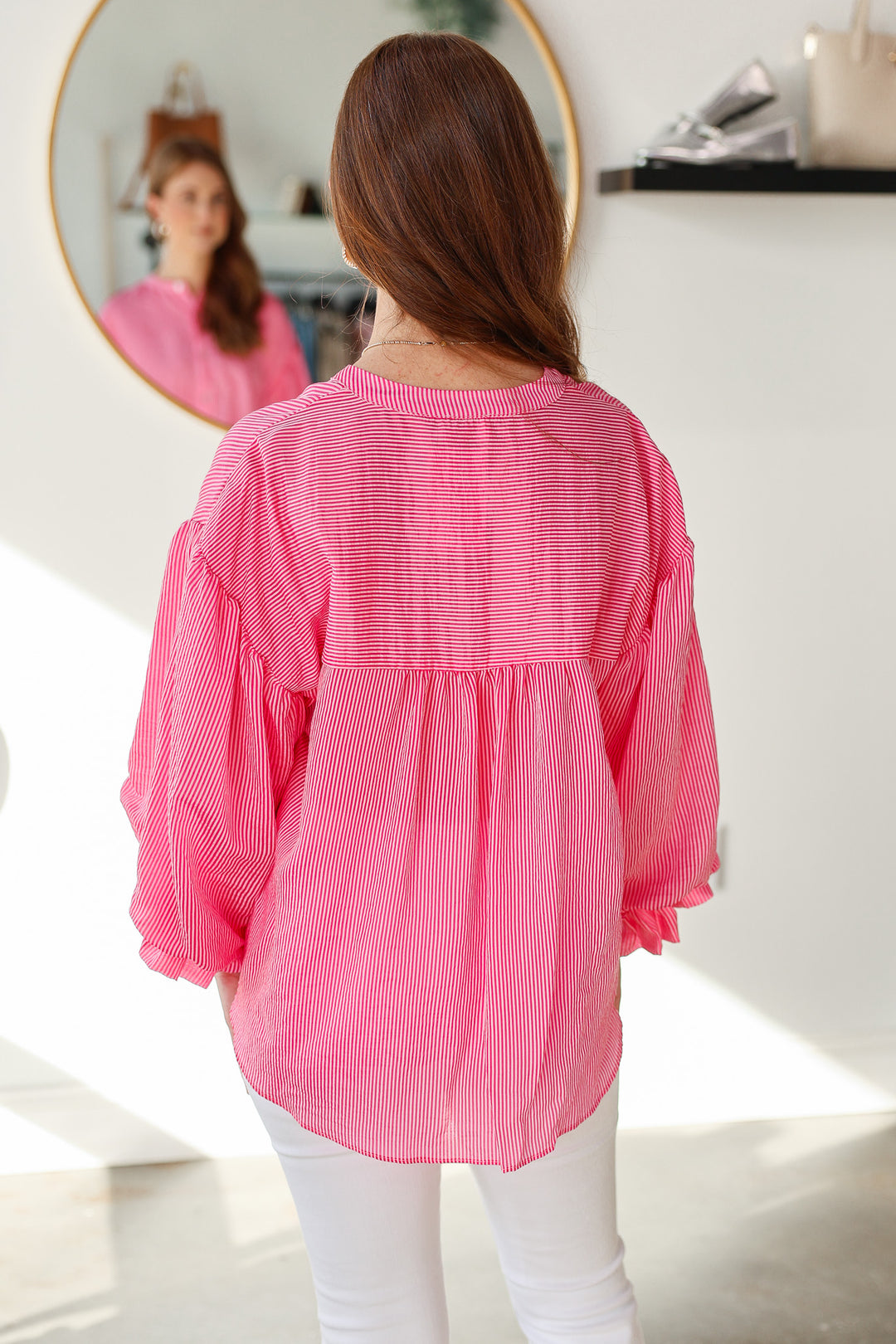 Bubble Sleeve Button Down Top - Pink