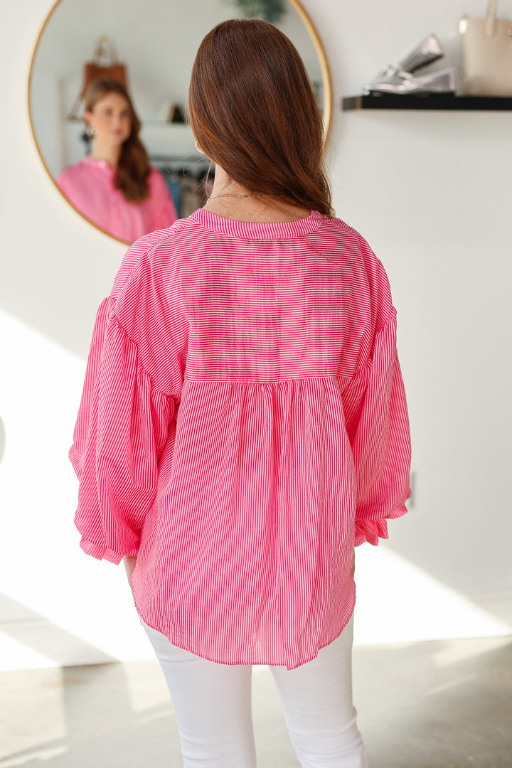 Bubble Sleeve Button Down Top - Pink
