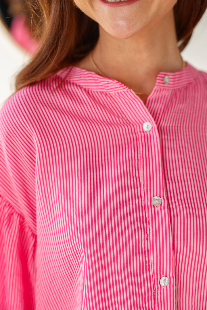 Bubble Sleeve Button Down Top - Pink