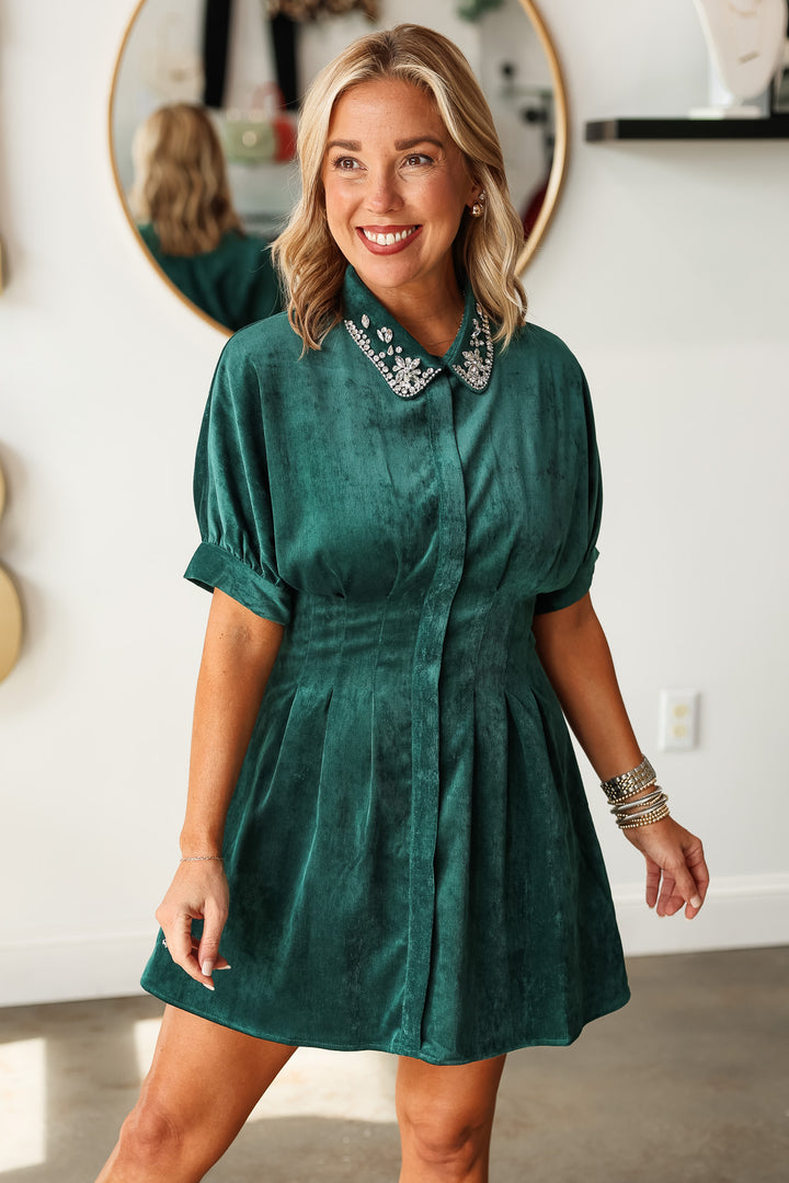 Rhinestone Collar Dress - Hunter Green