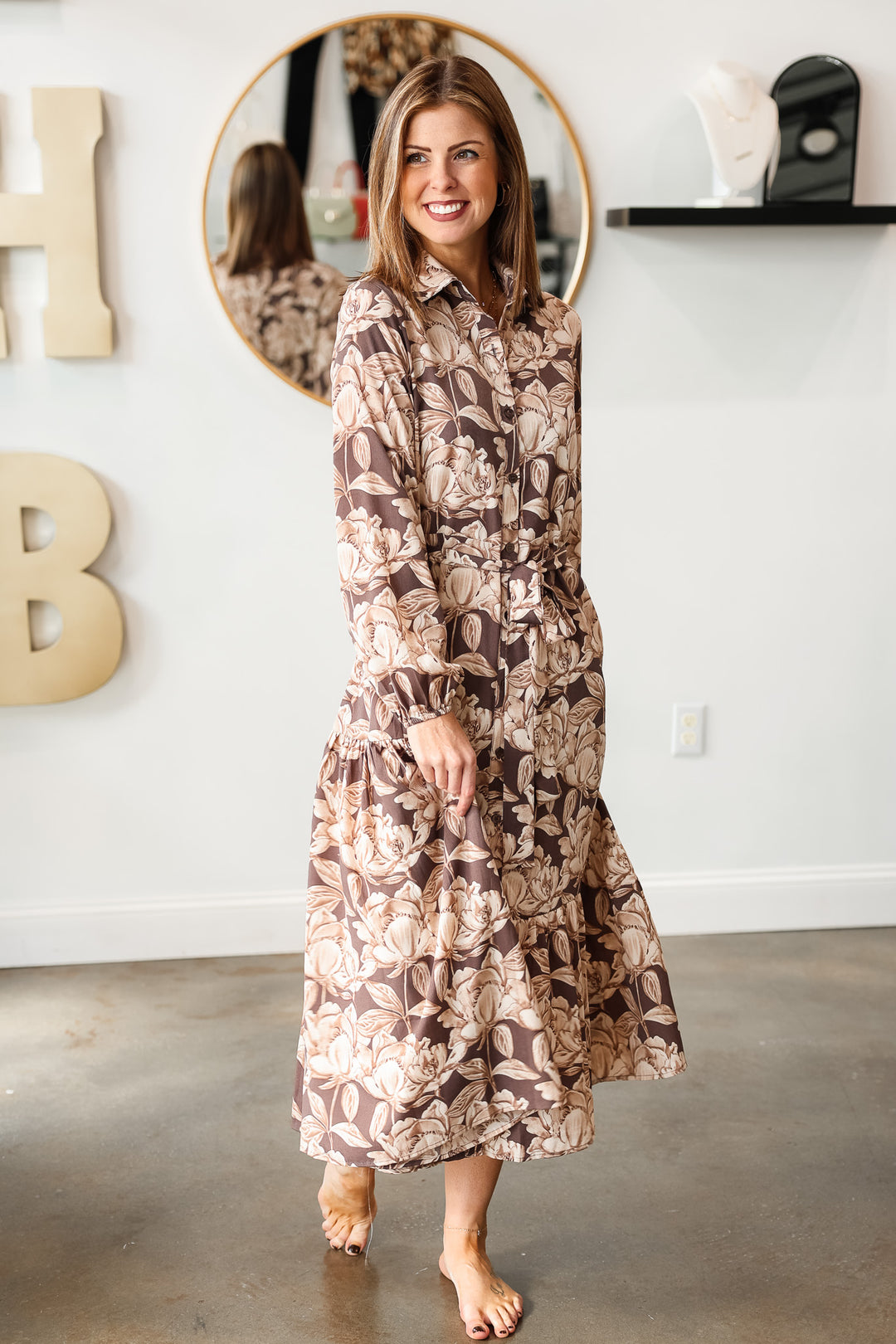 Floral Print Tie Waist Maxi Dress - Brown