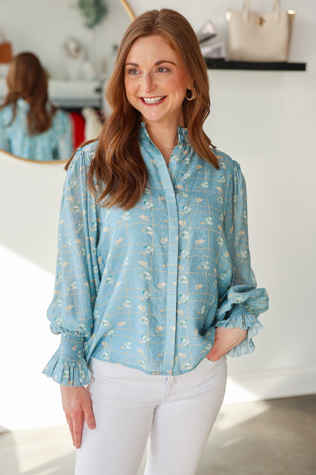 Floral Print Long Sleeve Blouse - Blue
