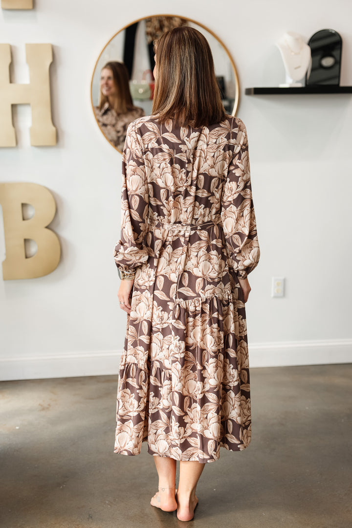 Floral Print Tie Waist Maxi Dress - Brown