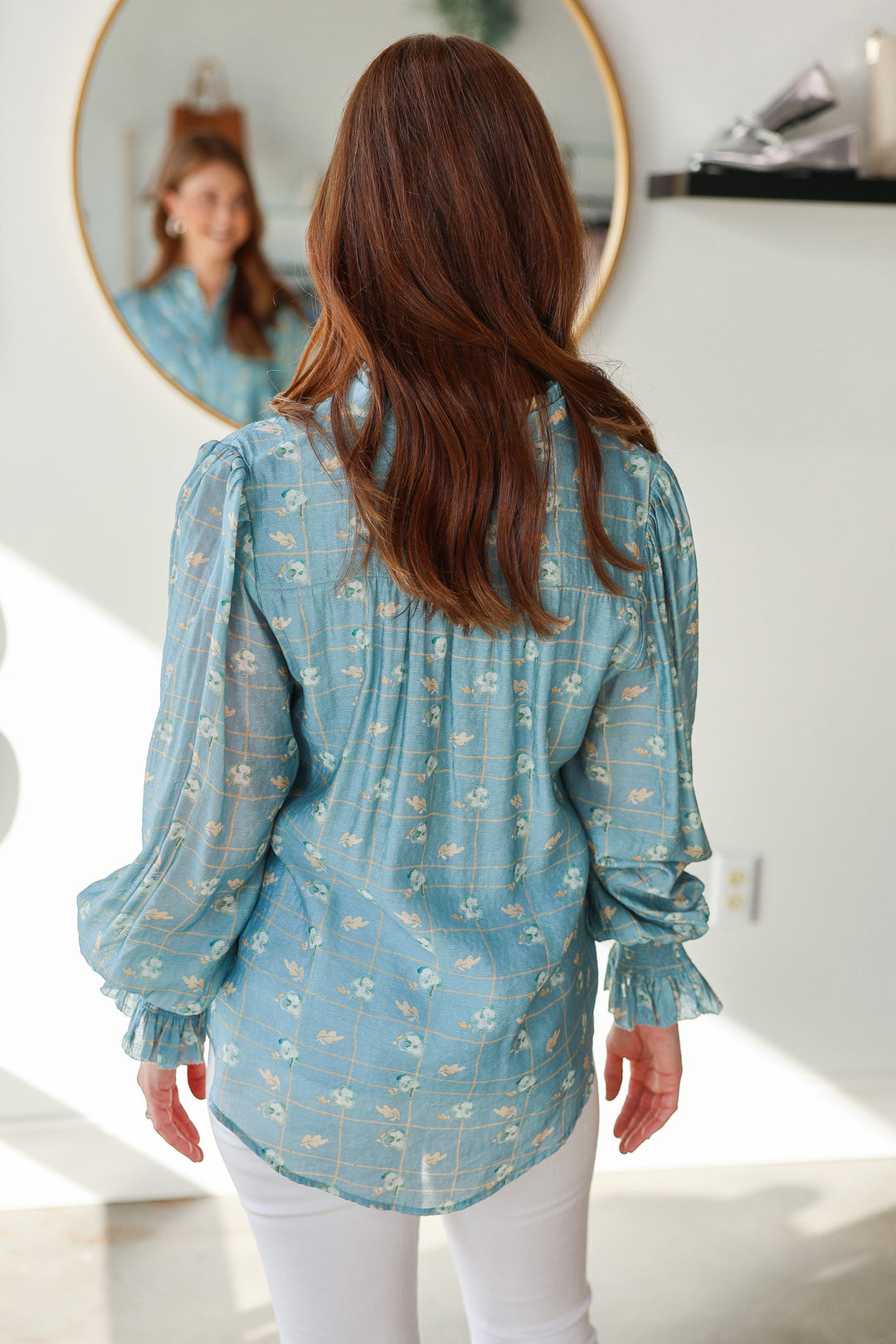 Floral Print Long Sleeve Blouse - Blue