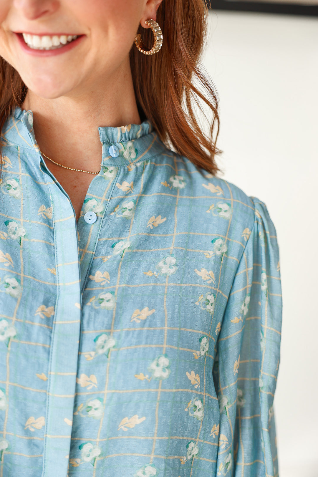 Floral Print Long Sleeve Blouse - Blue