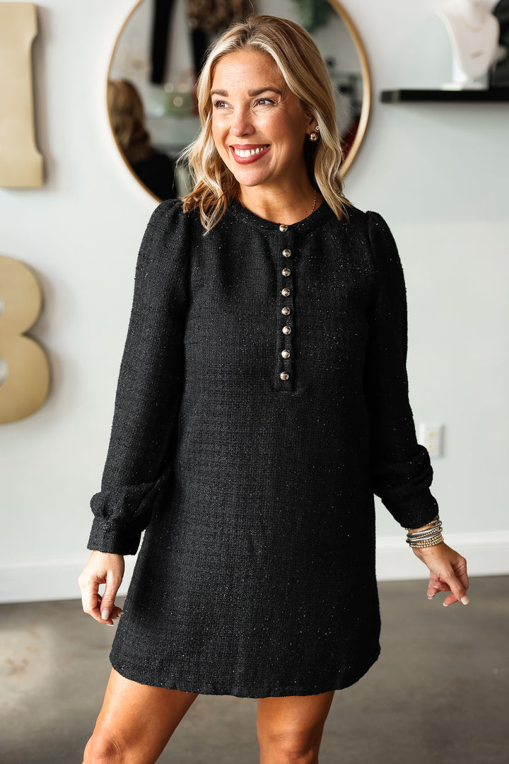 Button Detail Long Sleeve Dress - Black