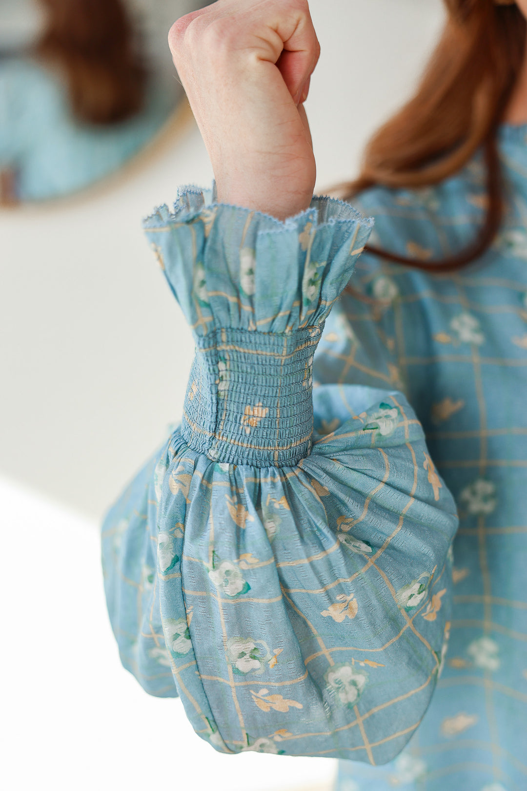 Floral Print Long Sleeve Blouse - Blue