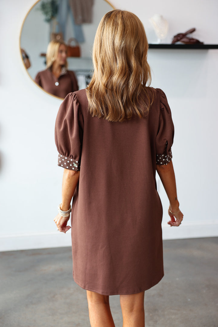 Polka Dot Trim Dress - Brown
