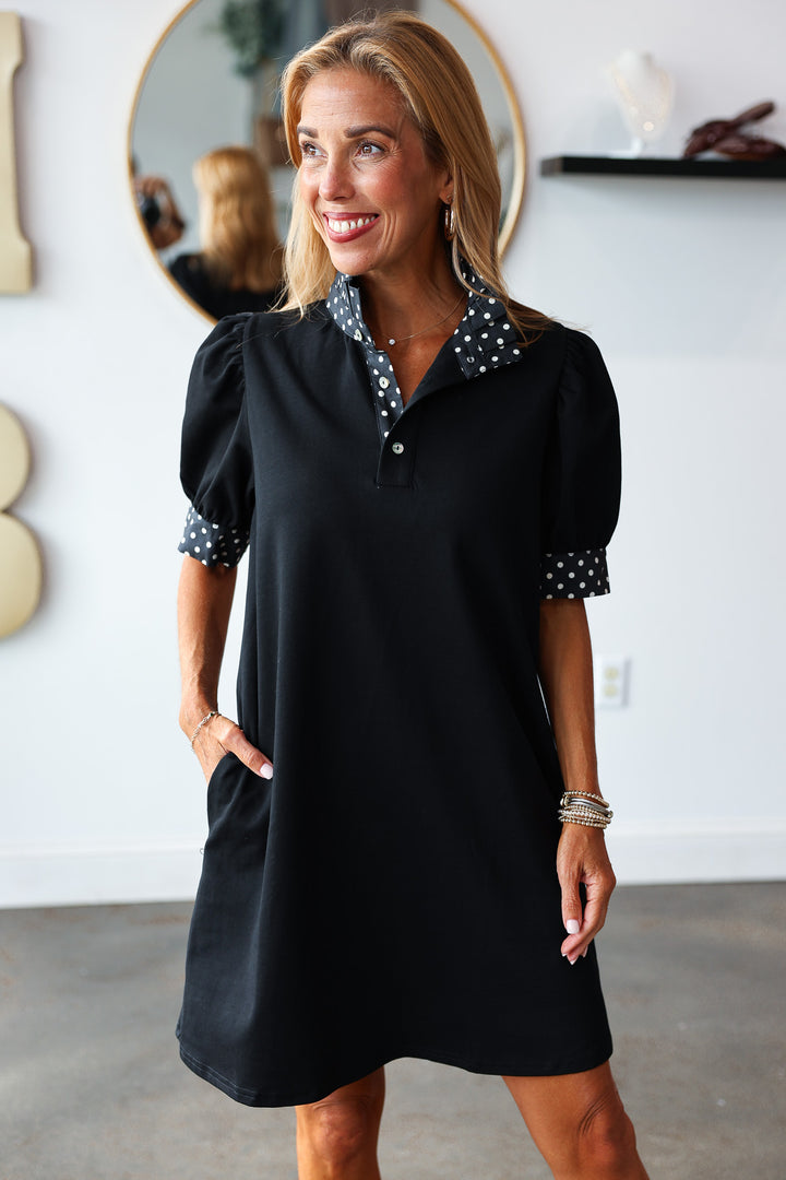 Polka Dot Trim Dress - Black