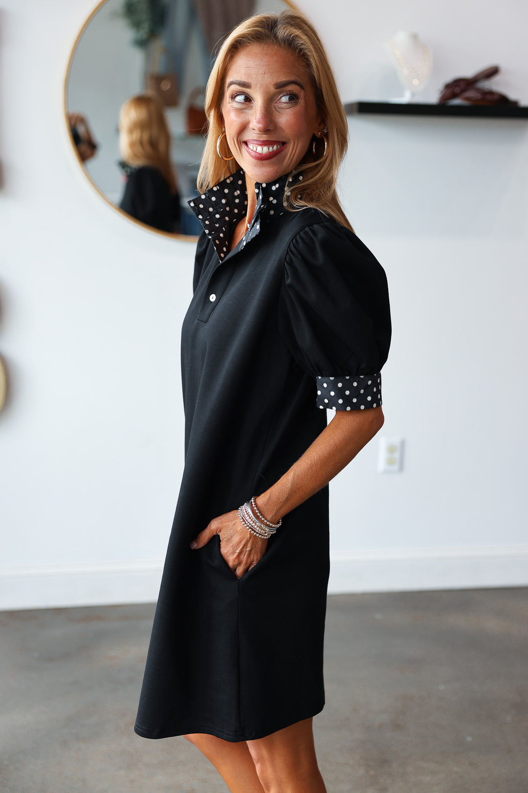 Polka Dot Trim Dress - Black